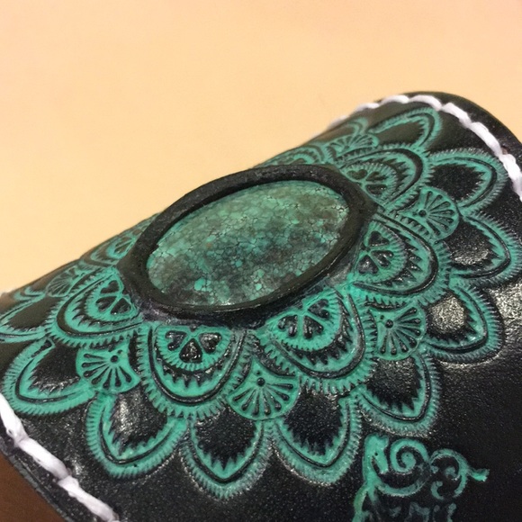 Boho Mandala Style Tooled Leather Cuff Bracelet with Hubei Turquoise Inlay - Picture 7 of 11